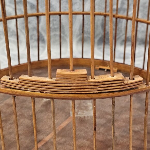 MCM 50s 60s Ornate Bamboo Rattan Hanging‎ Birdcage Round Carved Boho Decor Brown - Picture 5 of 15